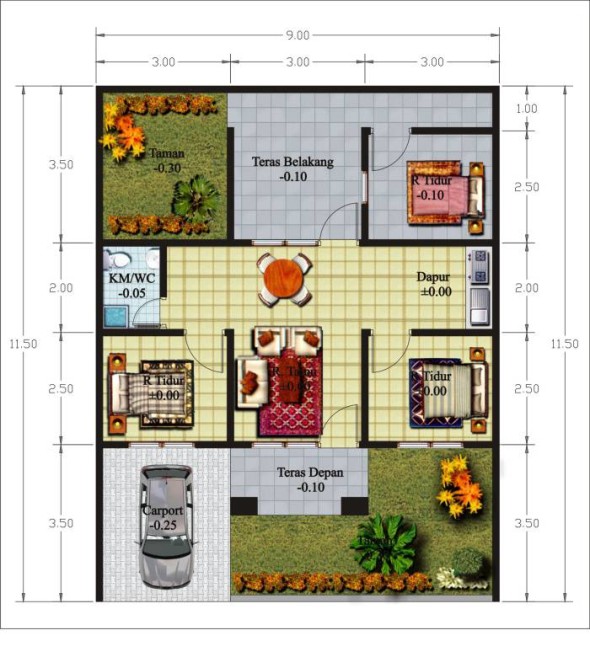 Denah rumah minimalis 3 kamar tidur 590x657 Denah Rumah Minimalis 3 Kamar Tidur Untuk Rumah Idaman Anda